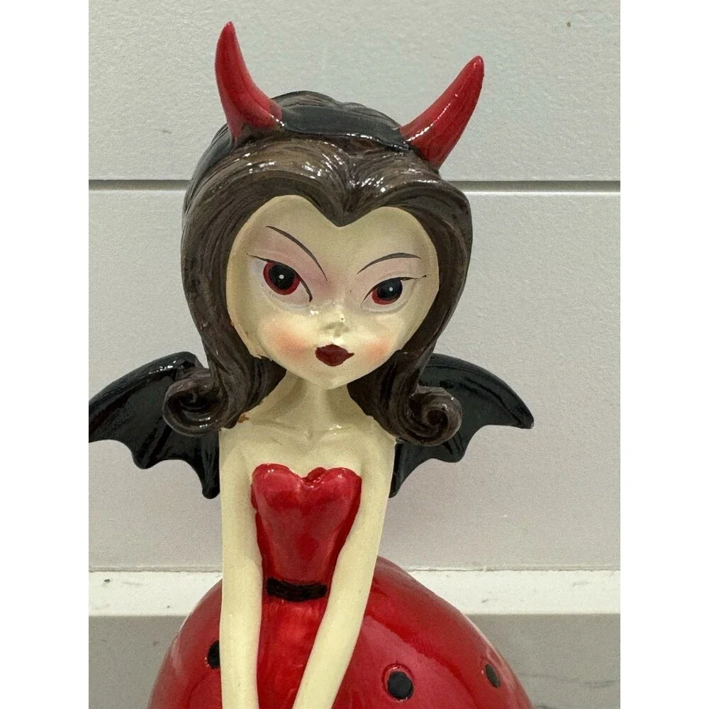 Halloween Bella Lux Devil Bat Girl Figurine Red Polka Dot Dress  Horns